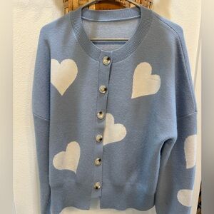Women’s Light Blue Heart Button-Up Sweater Cardigan